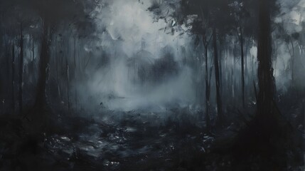 Naklejka premium Mystical Forest Landscape with Mist and Shadows Enveloping the Path