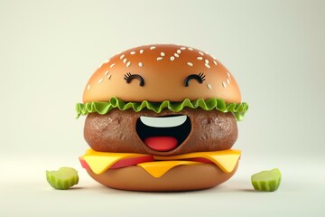 Cheerful and playful cartoon burger character with a happy. Smiling face. Designed as an adorable and friendly animated mascot for kids. Perfect for a fun and joyful mealtime snack. Delicious