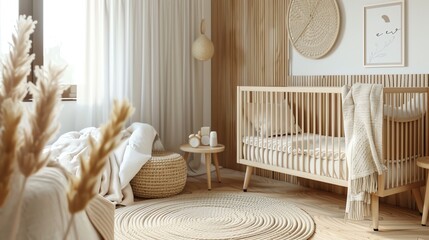 Scandinavian nursery with soft colors, wooden accents, minimalist furniture, and cozy textiles