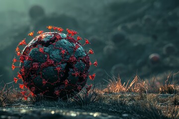 Artistic depiction of a mysterious globe with red flowers on a misty forest floor - Powered by Adobe