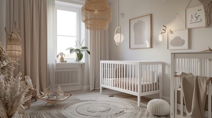Scandinavian nursery with white crib, soft colors, cozy textiles, and minimalist decor