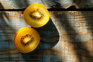 Obraz premium Two halves of kiwi on the background of boards with space for text or inscriptions, top view 