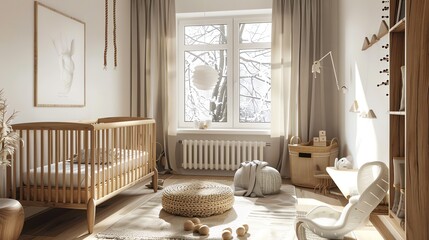 Scandinavian nursery with wooden crib, soft colors, cozy textiles, and minimalist furniture