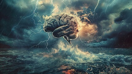 An image of a brain with a storm brewing inside, symbolizing inner turmoil.