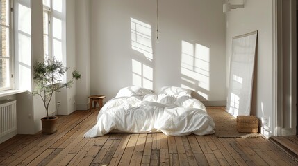 Scandinavian bedroom design with clean lines, wooden floors, white bedding, and minimalist decor