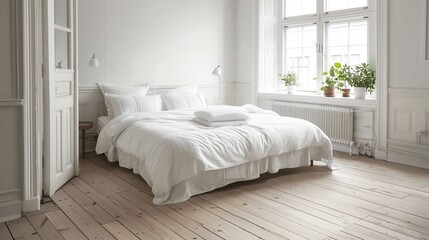 Scandinavian bedroom design with clean lines, wooden floors, white bedding, and minimalist decor
