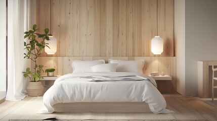 Scandinavian bedroom light design with minimalist bedside lamps, soft lighting, and wooden accents