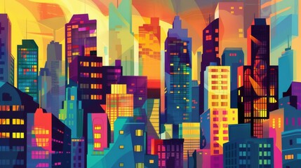 Vibrant cityscape at sunset illustration