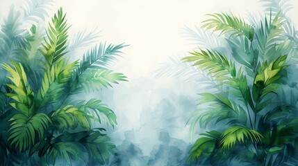 Watercolour floral design with palm leaves, vivid blue and emerald green colors.