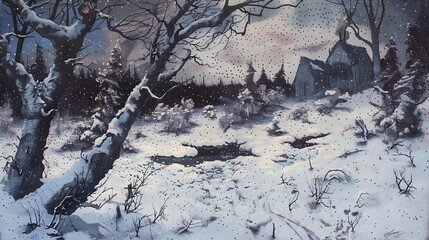 Moonlit Woodland Winter Wonderland with Snowy Cottage Retreat