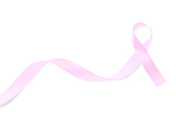 Pink awareness ribbon isolated on white, top view