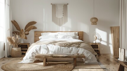 Scandinavian bedroom with white bedding, wooden accents, cozy textiles, and minimalist decor