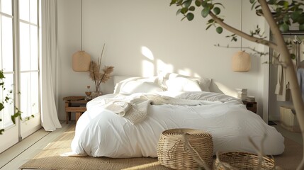 Scandinavian bedroom with white bedding, wooden accents, cozy textiles, and minimalist decor