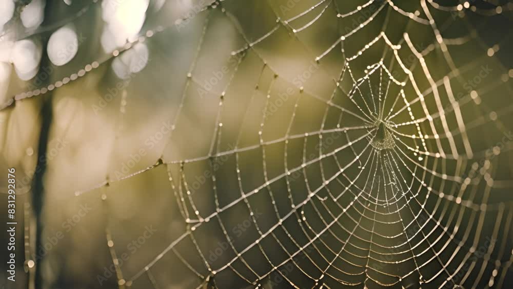 Poster intricate spider web adorned with water droplets generative ai