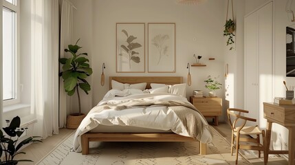 Scandinavian bedroom with wooden bed frame, white walls, cozy textiles, and minimalist decor