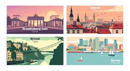 Boston, Massachusetts, Brandenburg Gate, Berlin, Bristol, England, Cancun, Mexico - Vector illustrations. Travel summer holiday vacation banner concept.