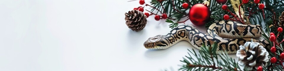 Obraz premium Festive Snake Among Christmas Decorations on Snowy Backdrop