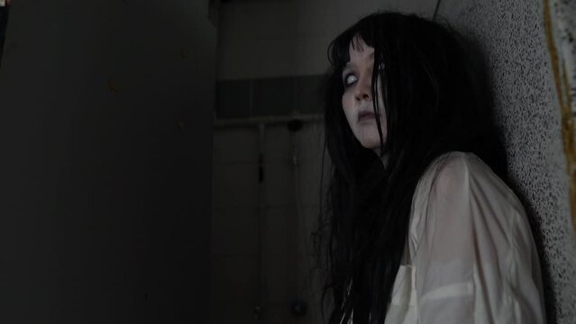 A ghostly woman roams the decayed halls of an abandoned house, her pale figure flickering in the dim moonlight, trapped between worlds, forever searching for vengeance on a cold Halloween night