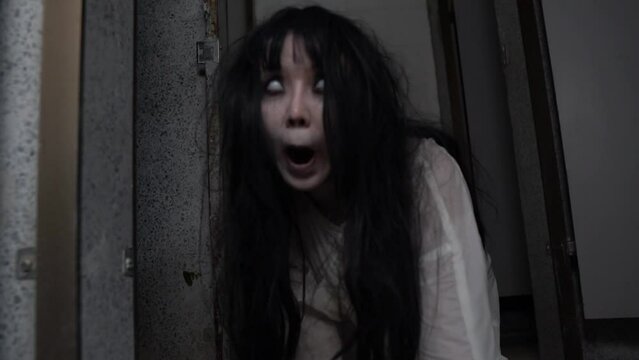 A ghostly woman roams the decayed halls of an abandoned house, her pale figure flickering in the dim moonlight, trapped between worlds, forever searching for vengeance on a cold Halloween night