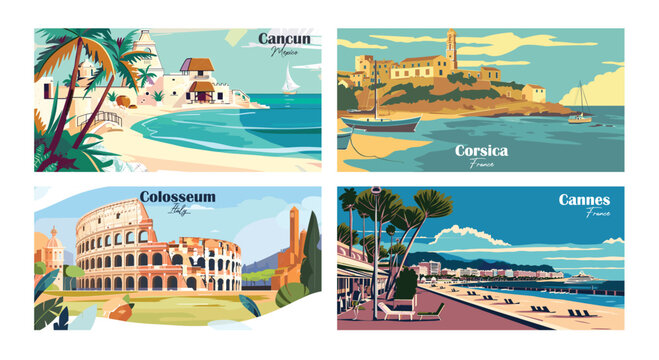 Cancun, Mexico, Cannes, France, Colosseum, Italy, Corsica, France - Vector illustrations. Travel summer holiday vacation banner concept.