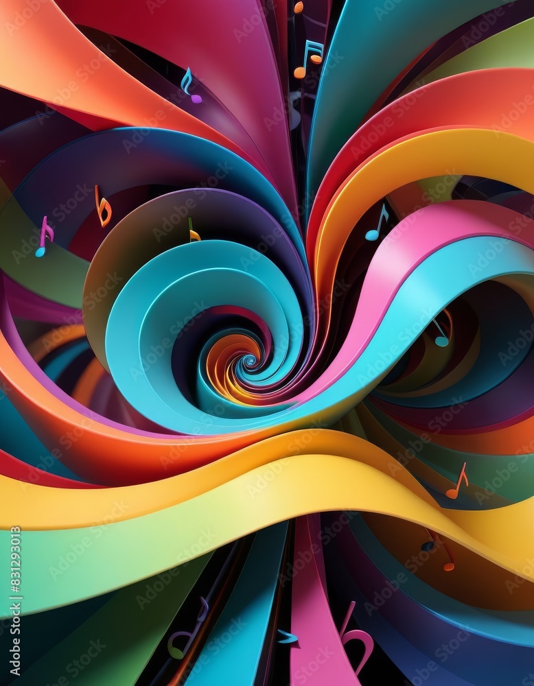 Poster a vivid abstract composition featuring swirling colorful ribbons with floating musical notes. the dy
