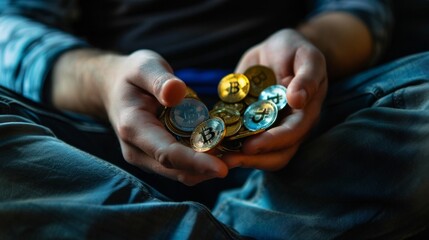 A person is holding a bunch of coins, including some with the letter B on them