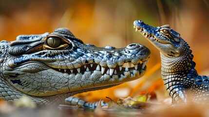 Fototapeta premium Close-up of Two Crocodiles Amidst Autumn Leaves