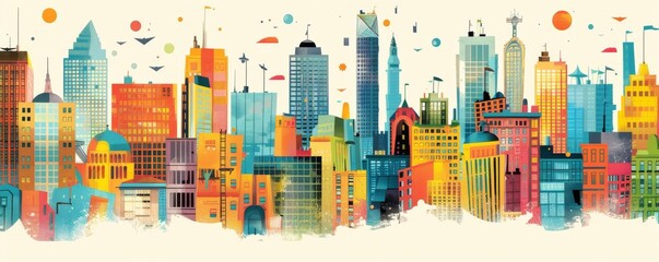 Vibrant cityscape illustration with diverse architecture