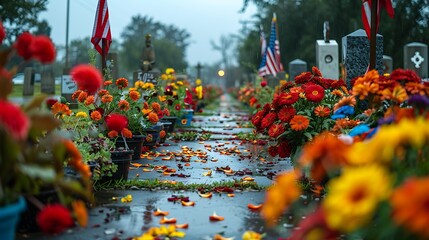 A memorial ceremony with flags and flowers