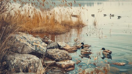 Waterfowl on a rocky shore amidst brown reeds in a lake