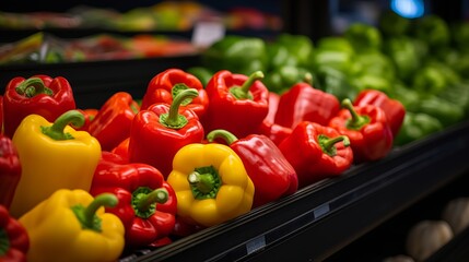 Assortment of colorful fresh vegetables neatly arranged in supermarket produce section