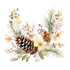 Fototapeta premium A watercolor painting of a wreath pine cones, flowers