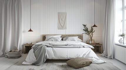 Scandinavian master bedroom with modern lighting, white walls, wooden elements, and clean design