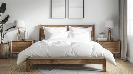 Scandinavian master bedroom with a sleek bed frame, white bedding, wooden nightstands, and simple decor