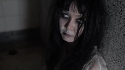 A ghostly woman roams the decayed halls of an abandoned house, her pale figure flickering in the dim moonlight, trapped between worlds, forever searching for vengeance on a cold Halloween night - Powered by Adobe