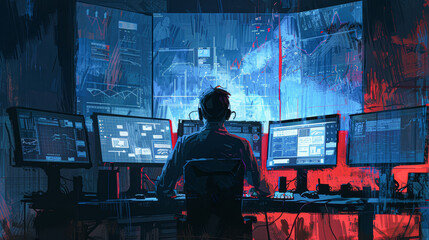 Illustrate of Intense portrait of a young cybersecurity expert monitoring data on multiple screens in a dark