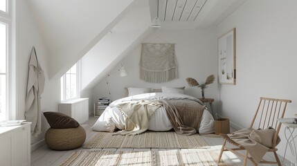 Scandinavian master bedroom with minimalist design, white walls, wooden flooring, and cozy textiles