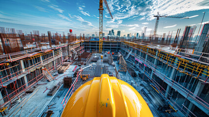 A wide-angle view of the construction site from above, featuring the yellow helmet prominently in the foreground