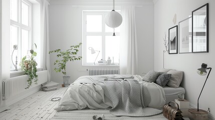 Scandinavian master bedroom with minimalist design, white walls, wooden flooring, and cozy textiles