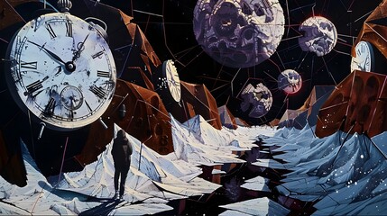 Surreal Celestial Dreamscape with Floating Clocks and Planets in Abstract Space