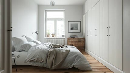 Scandinavian master bedroom with clean lines, functional storage, white bedding, and wooden flooring