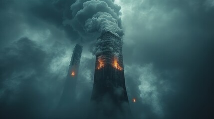 Obraz premium Apocalyptic Skyscrapers Engulfed in Smoke and Flames