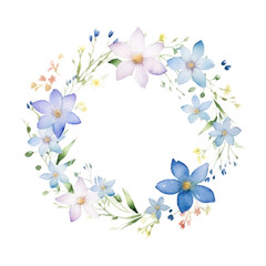 a wreath of blue, purple, and pink flowers.