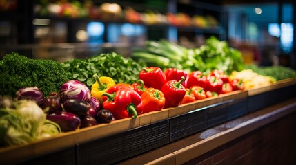 Assorted fresh vegetables on display in the vibrant produce section of a well stocked supermarket