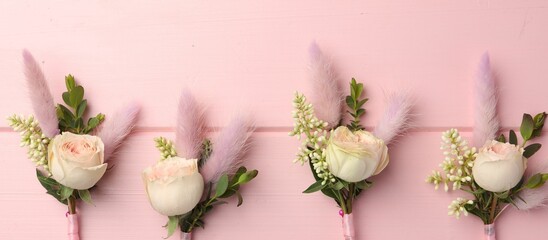 Many small stylish boutonnieres on pink wooden table, flat lay. Banner design