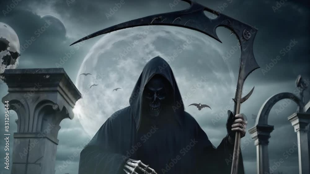 Wall mural grim reaper holding a scythe full moon 4k loop features an a.i. generated video of a skeletal grim r