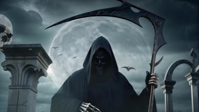 Grim Reaper Holding a Scythe Full Moon 4K Loop features an A.I. Generated video of a skeletal grim reaper holding a scythe with a full moon behind and bat creatures flying in a loop.