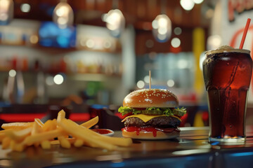 Hamburger and French Fries on Red Plate