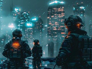 Fototapeta premium Neon-Lit Cityscape of a Futuristic Metropolis in the Midst of a Stormy Night