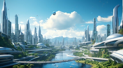 The image shows a futuristic city with many tall buildings, wide roads, and flying cars.

